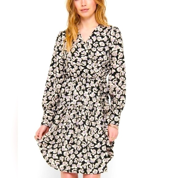 ONLY Neon & Nylon Black Blue Long Sleeve Floral Print Rose Wrap Dress Size 36 - Picture 1 of 16